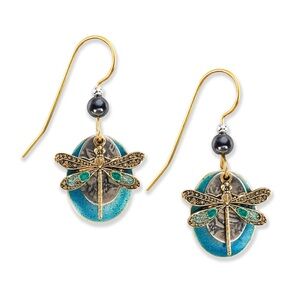 Vintage Silver Forest Gold and Teal Dragonfly Earrings